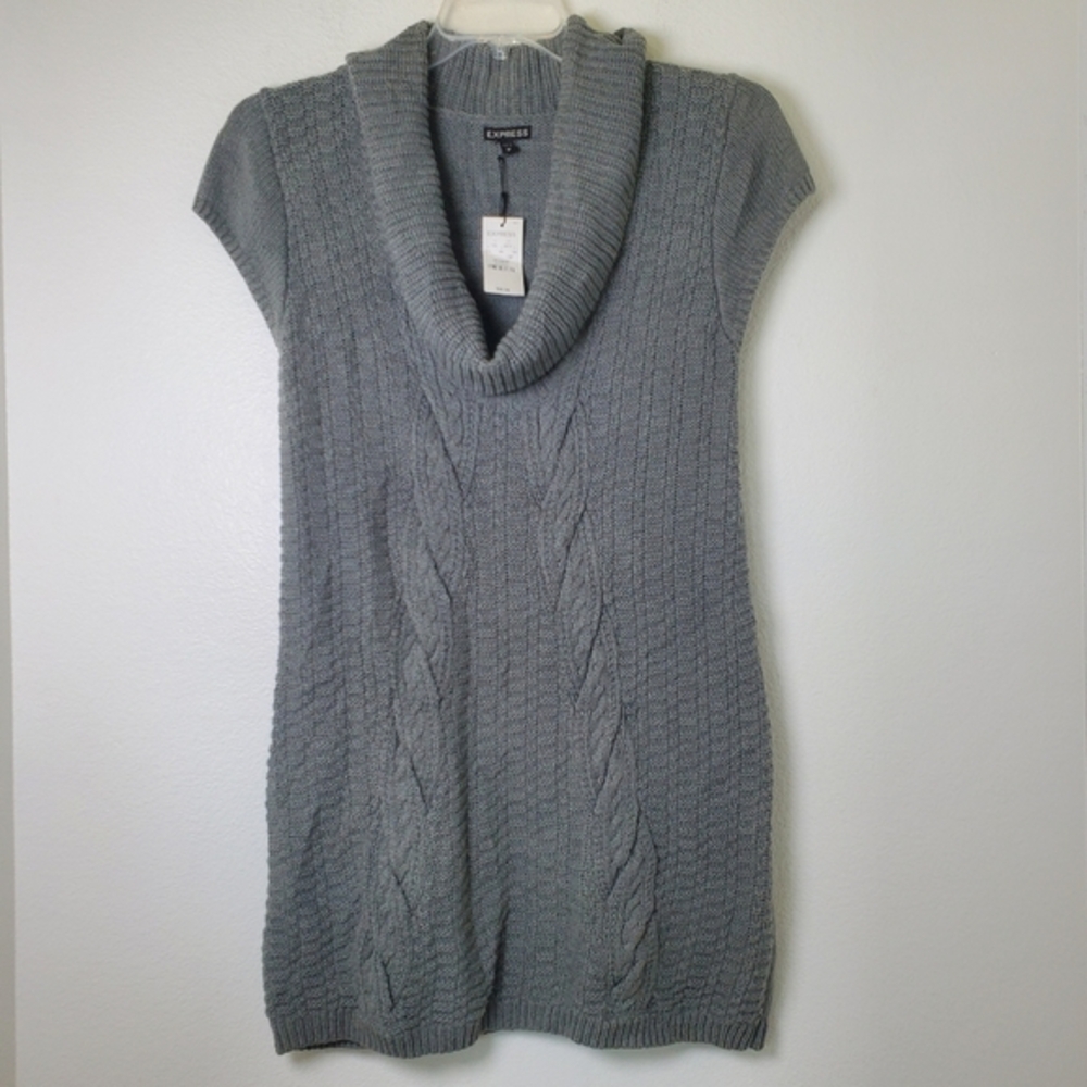 Express NWT Women's Y2K Gray Cowl Neck Cable Knit Cap Sleeve Sweater Mini Dress - Picture 9 of 9